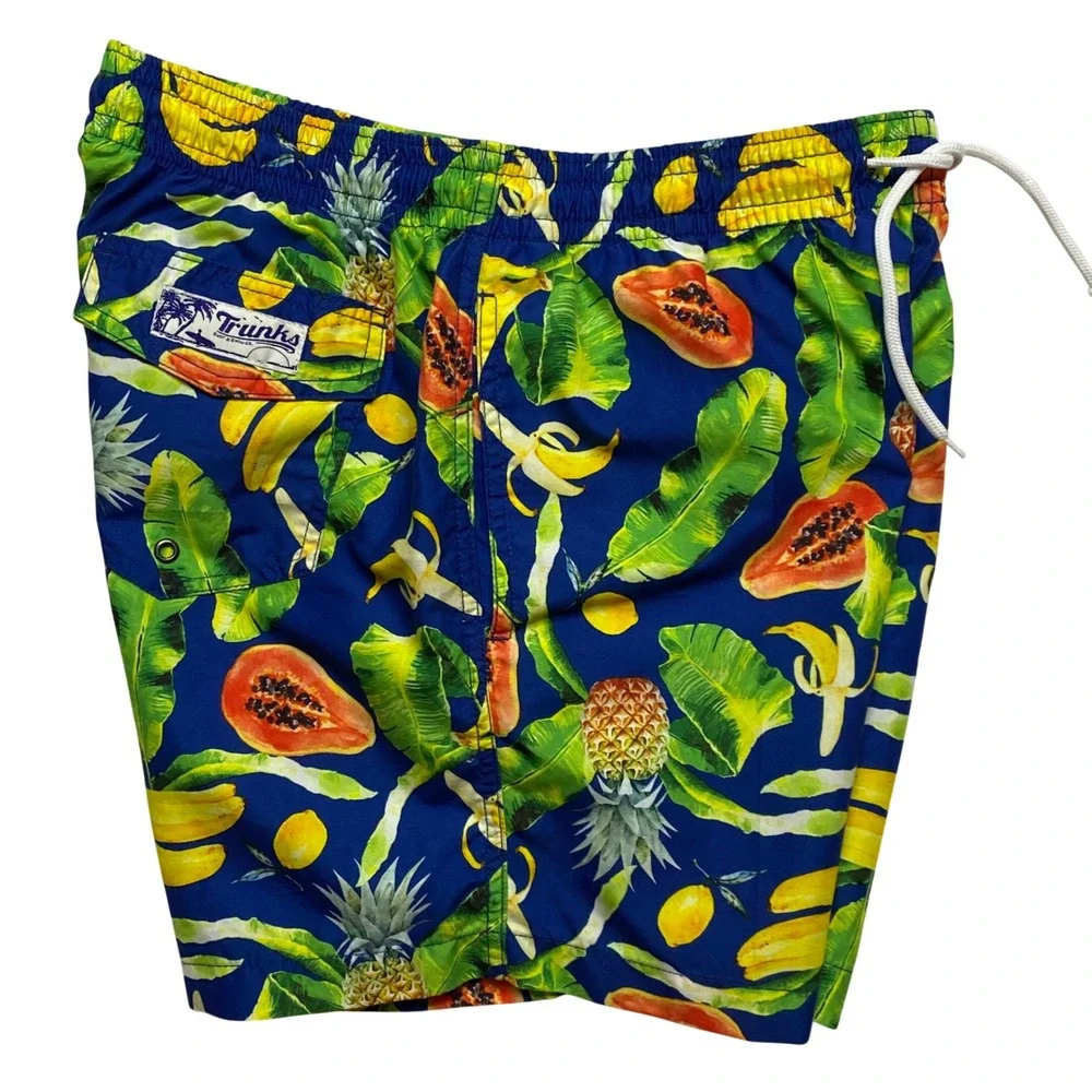 Trunks‎ Surf & Swim Co Mens Tropical Fruit Print Swim Shorts Blue Yellow Size M